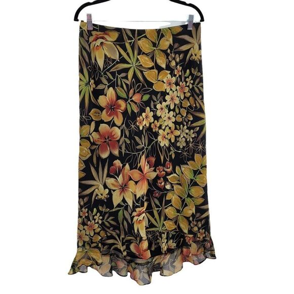 Vtg Skirt Botanical Tropical Floral High Low Ruffle Hem Trumpet Midi Black Sz L - Picture 6 of 9